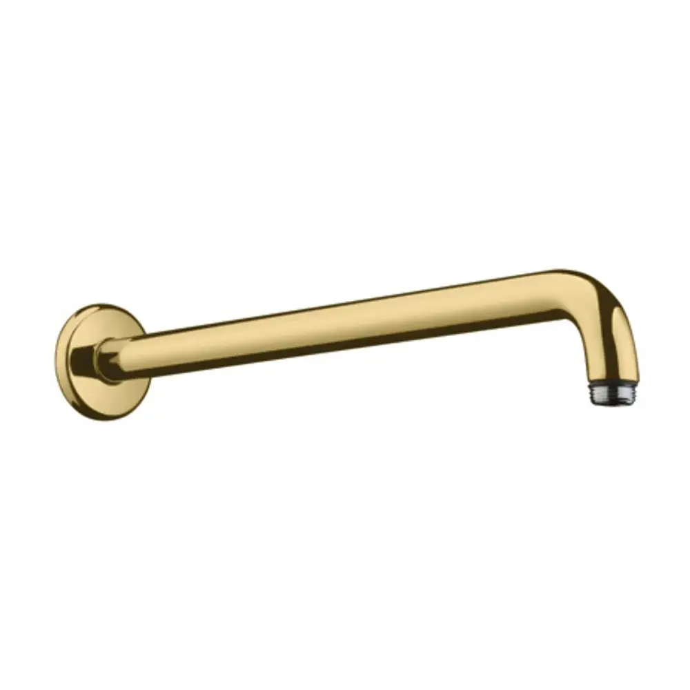Hansgrohe Brausearm in polierter Goldoptik, gebogen mit zwei Enden: einem Wandanschluss und einem Anschluss für eine Brause.